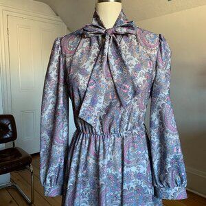 Vintage Dark Academia Paisley Dress - Bow Tie Neckline - Petite Size 8